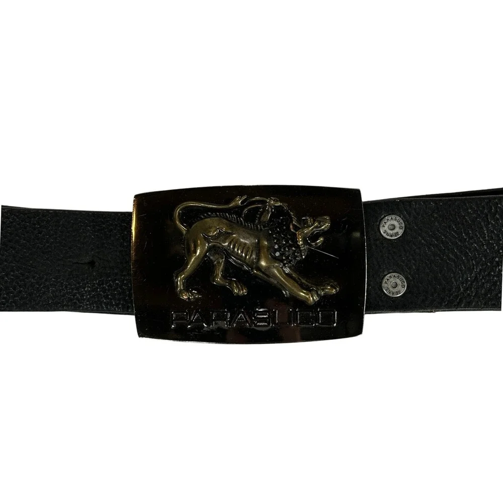 Parasuco Black Leather Belt with Gold Lion Buckle